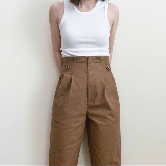 NWT hi rise paper bag pants w button in camel - Picture 8 of 13